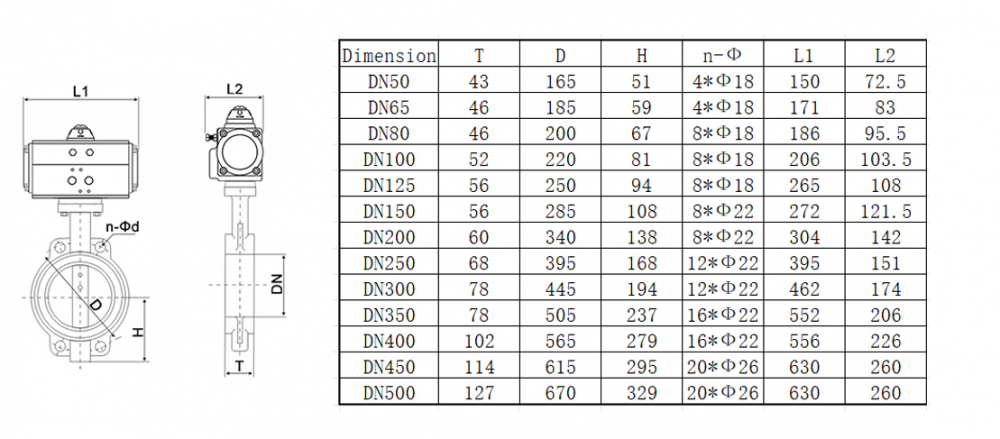 Pneumatic Butterfly Valve Dimension