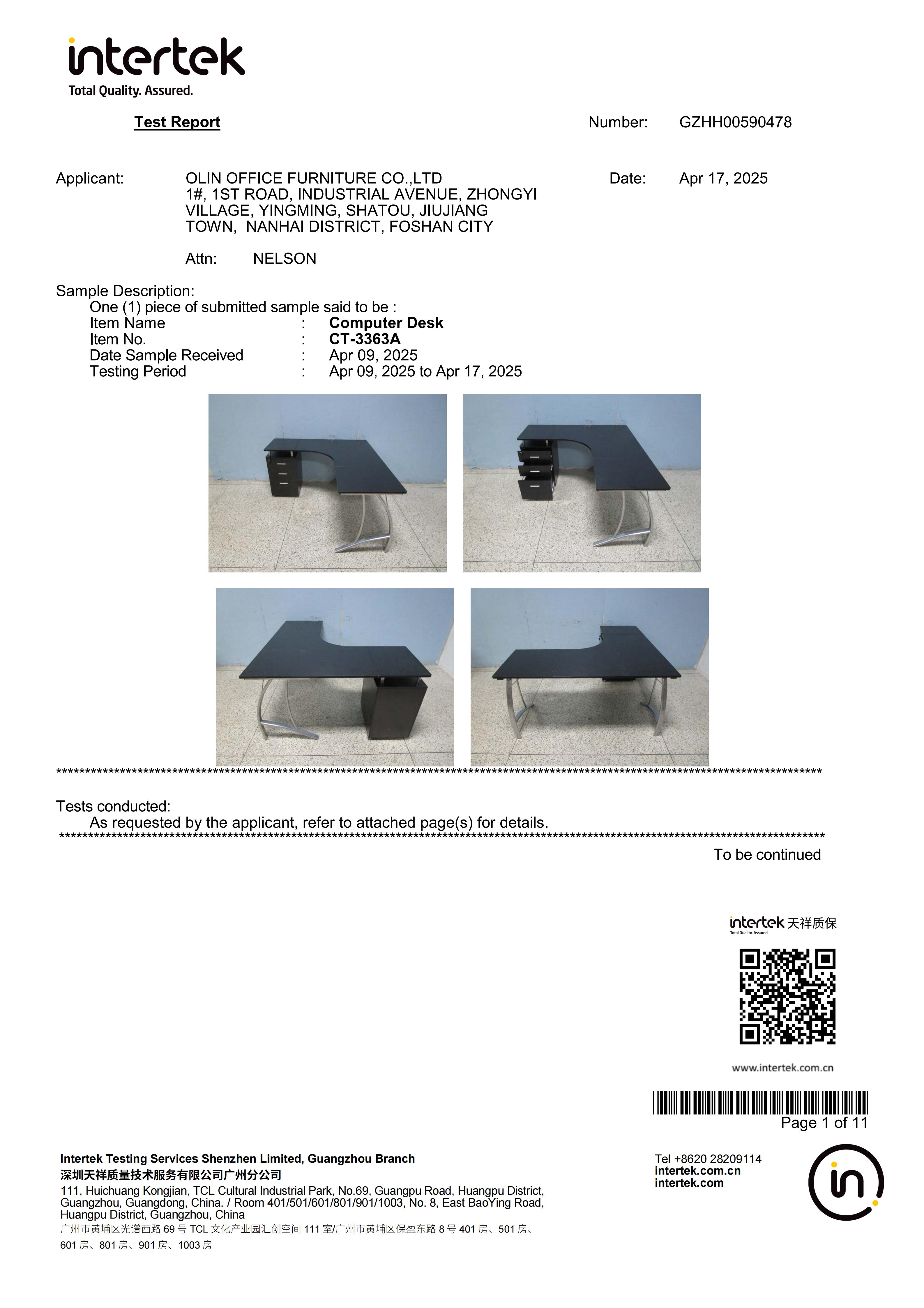 Computer Desk CT-3363A EN12521 Test Report
