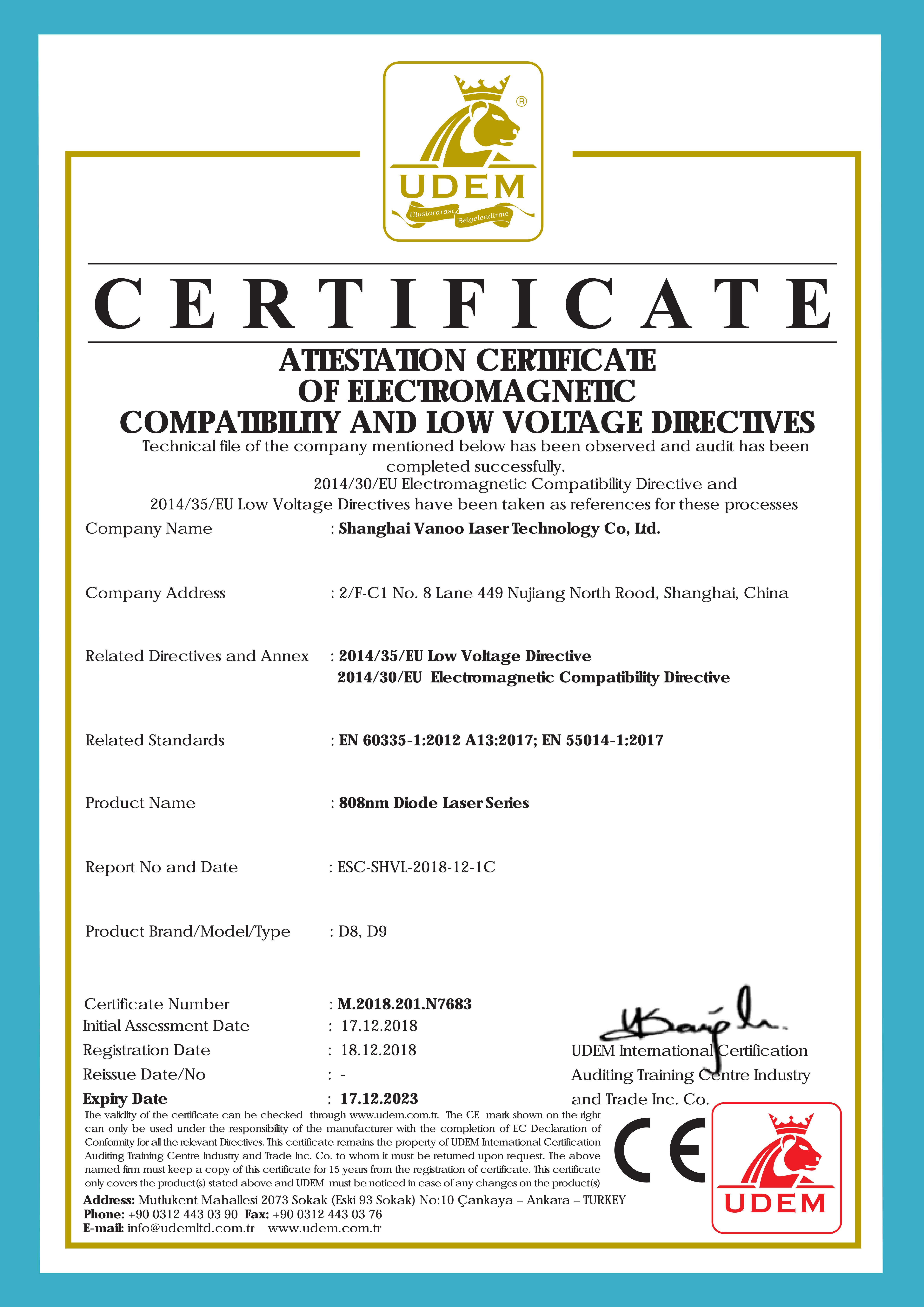 ATTESTATION CERTIFICATE OF ELECTROMAGNETIC COMPATIBILITY AND LOW VOLTAGE DIRECTIVES