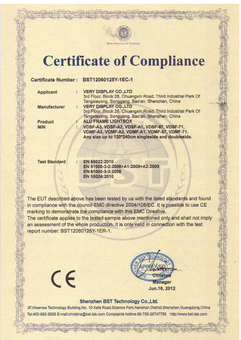 CE certificates for light signs