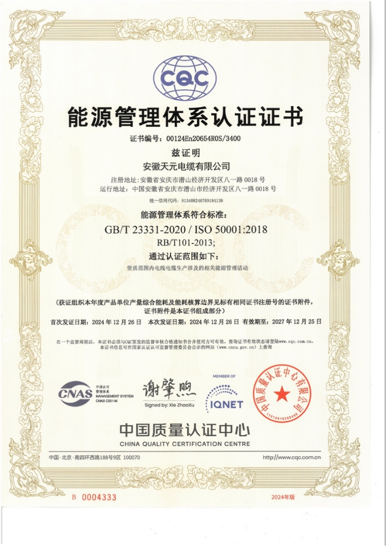 Energy Management System Certification Certificate