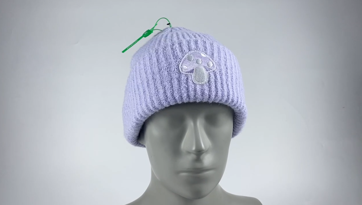 Mushroom embroidery badge knit beanie hat