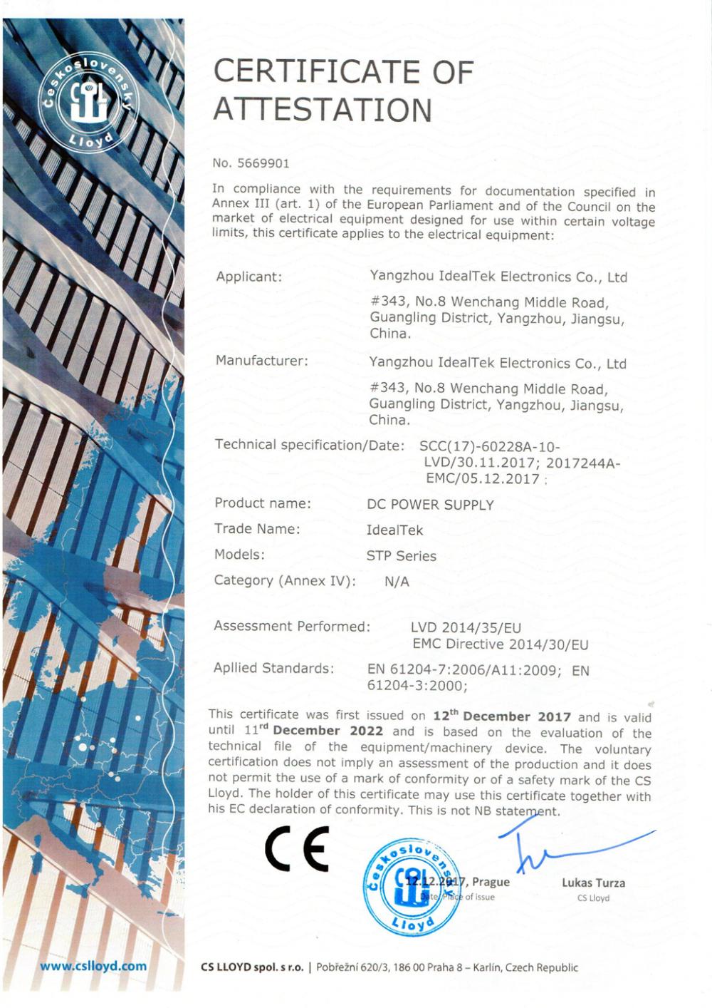 CE Certificate of STP Series DC Rectifier Power Supplies