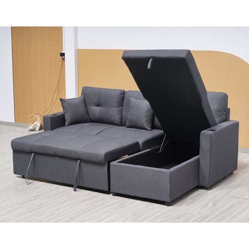 Conversible fabric sofa bed with storage