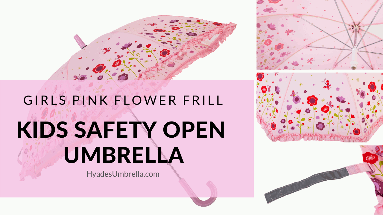 Girls Pink Flower Frill Kids Safety Open Umbrella