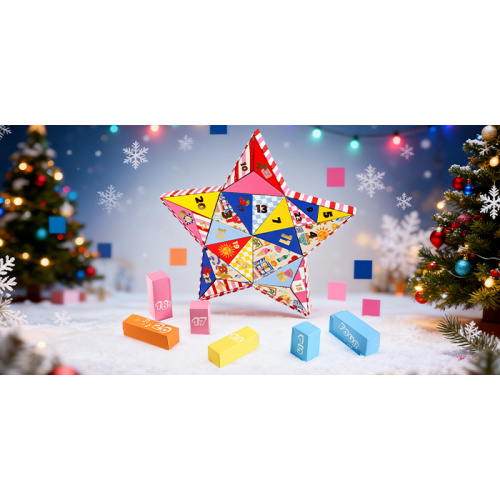 Caja de regalo con calendario de Adviento navideño: diseño colorido en forma de estrella, desbloquea la cuenta regresiva sorpresa navideña