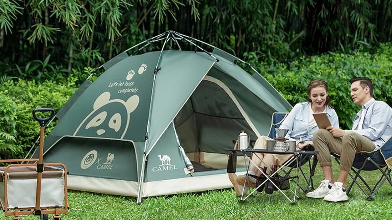 Верблюд 3-4 человека Panda Co-Brened Double Layers Camping Tent Lager Space Oxford Cloth Automatic Tent1