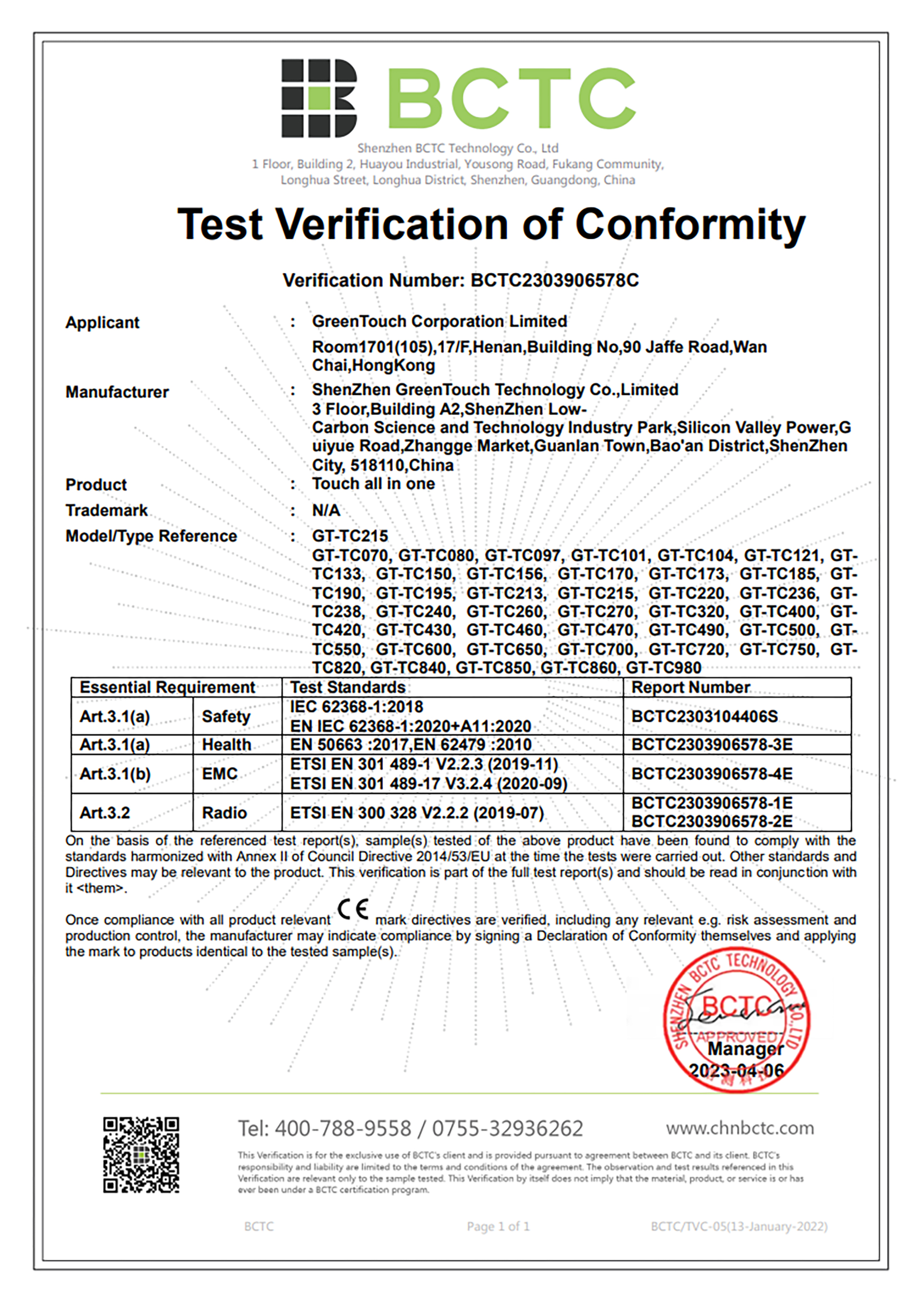 Certificate of CE