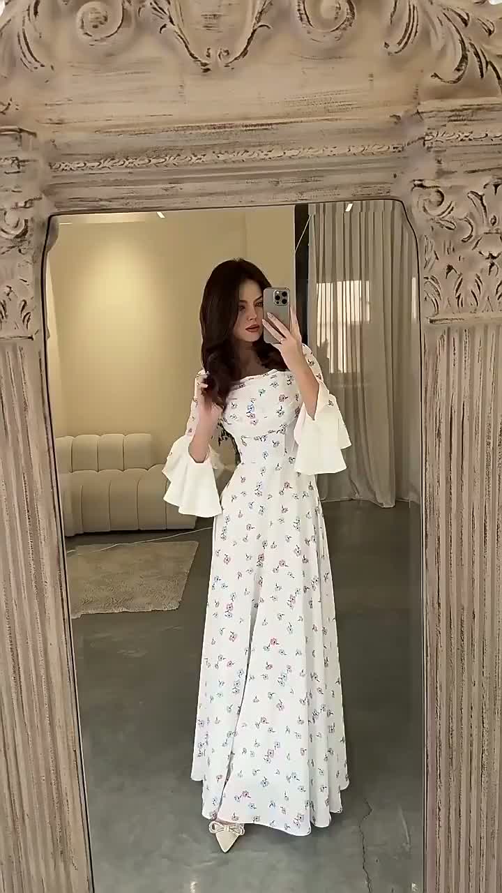 New Square Neck Floral Print Long-sleeved Flared Sleeve Prom Dress 