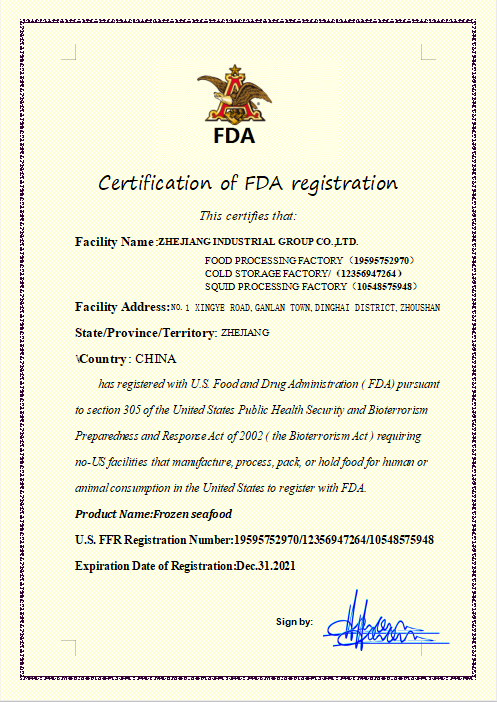 CERTIFICATE OF FDA REGISTRATION