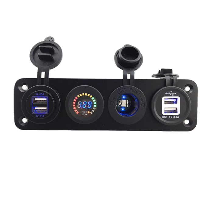 Dual Usb Adapter Digital Battery Voltmeter 12V Power Socket WaterProof 4 Gang Panel socket Short Circuit Protection1