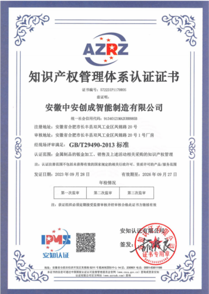 Intellectual Property Management System Certification Certificate