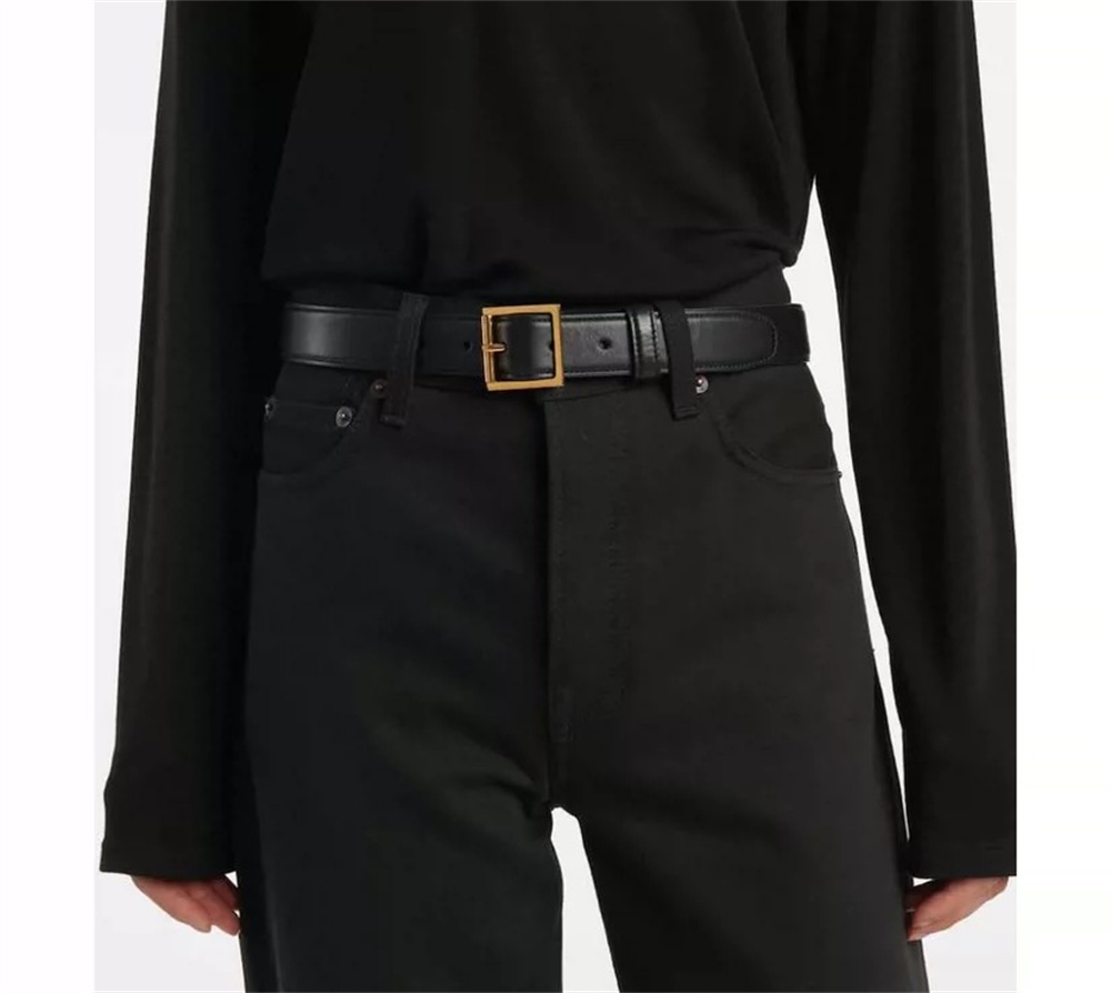 Gold Silver Square Buckle Classic Black Leather Be