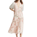 Floral Pleated Midi Long Dress Vintage Καλοκαίρι μισό μανίκι ροζ περιστασιακά φορέματα Γυναίκες τυπωμένη υπηρεσία OEM V-neck προσαρμοσμένη αυτοκρατορία1