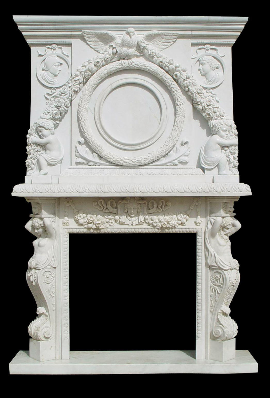 Hand-Carved White Marble Mantel Ornate Décor