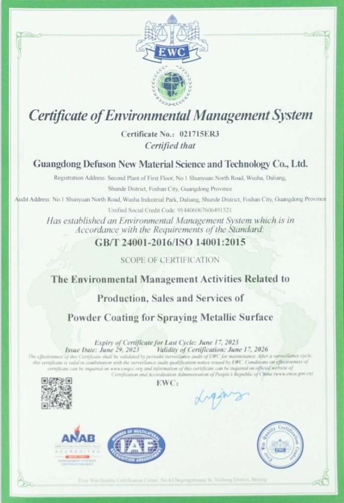 Certificates - Guangdong Defuson Powder Coatings Co., Ltd.