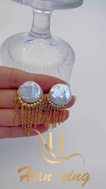 DIY Fashion Design Pearl Button Baroque Gold-Plated Tassel Earrings1