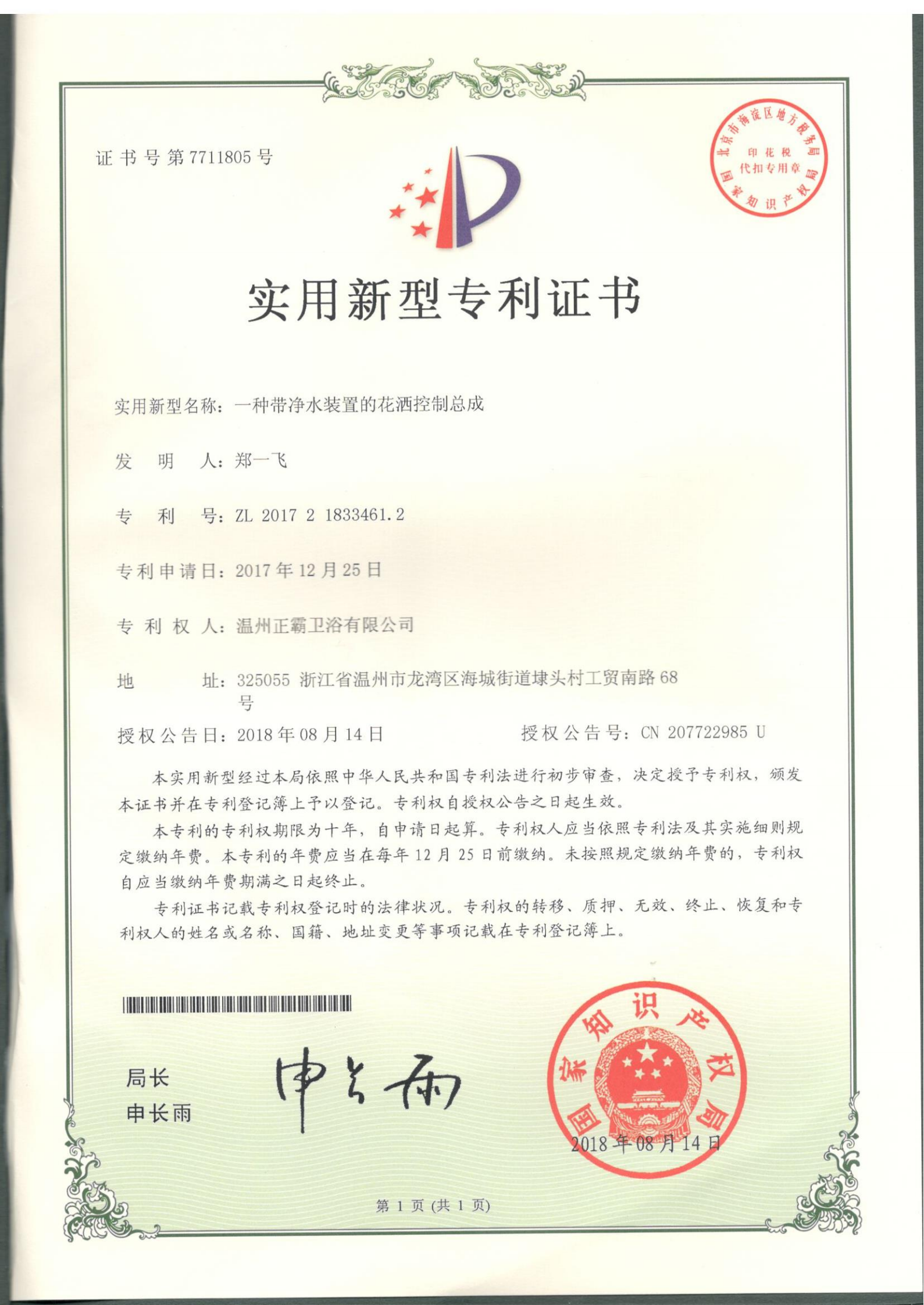 一种带净水装置的花洒控制总成