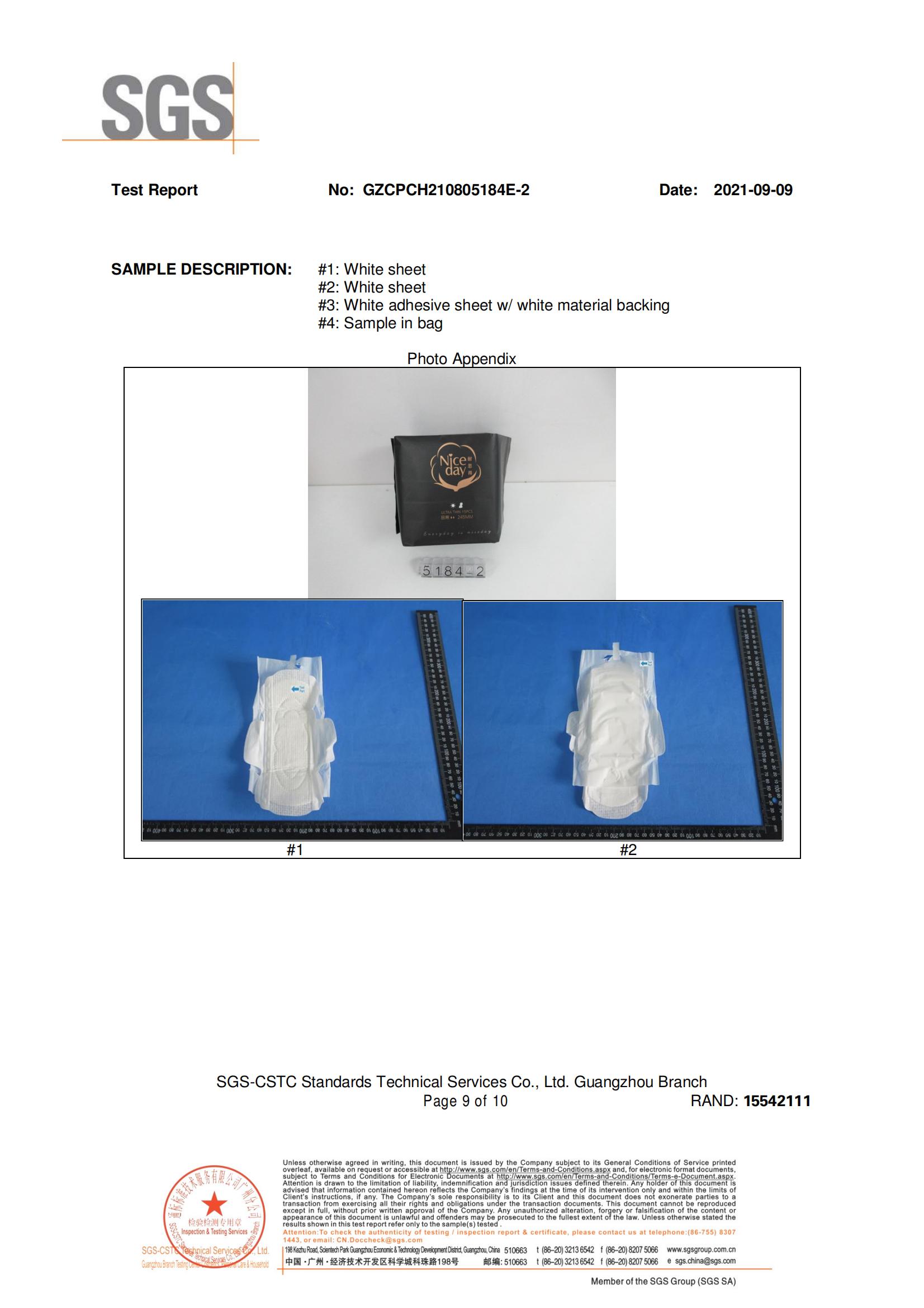 Organic sanitary pad test report