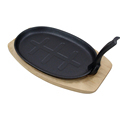 Round Oval Pre-Seasoned Cast Iron Sizzling Pan, Serving Dish with Wooden Base and Removable Handle1