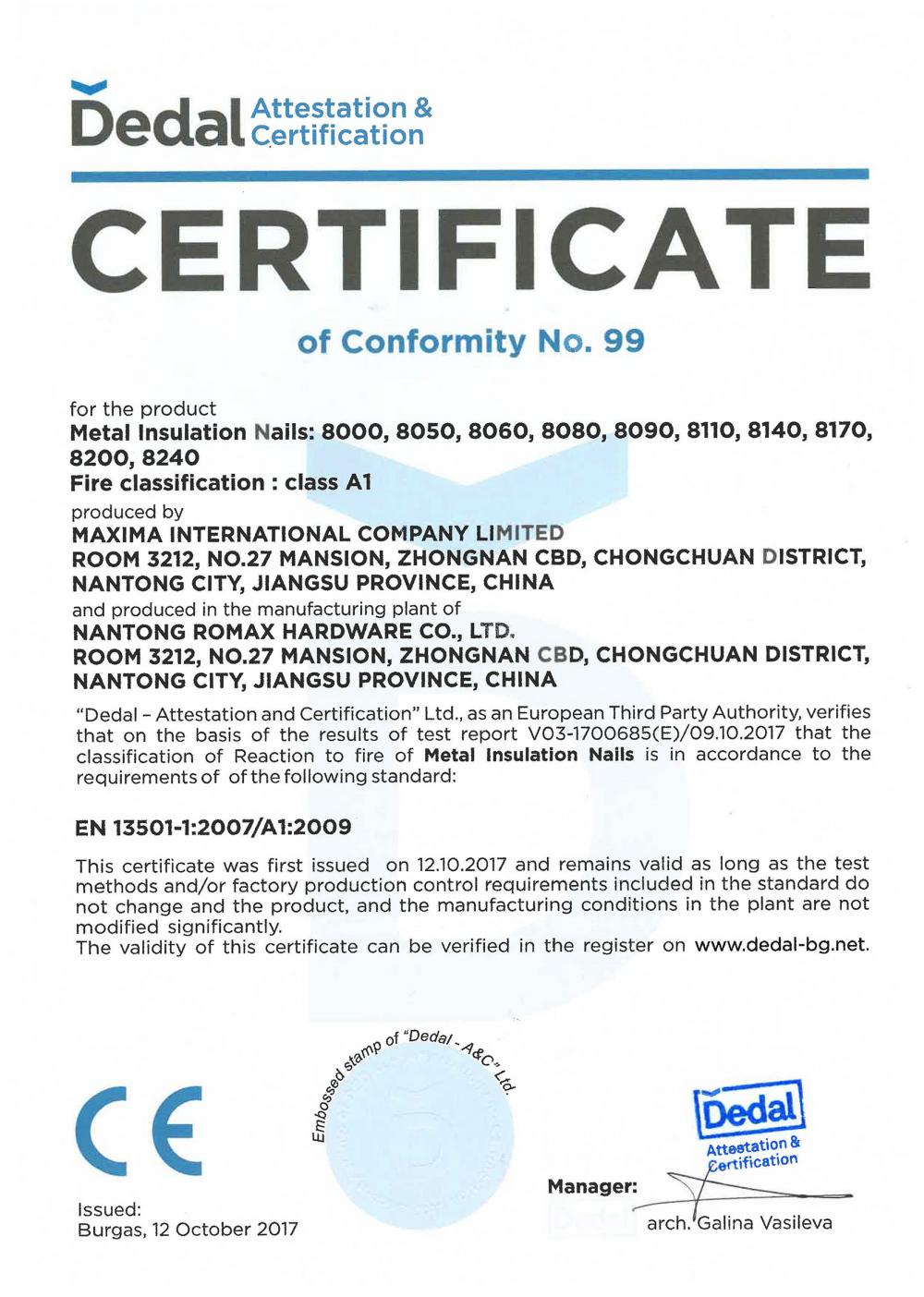 EN13501 CE CERTIFICATE OF CONFORMITY METAL INSULATION NAILS