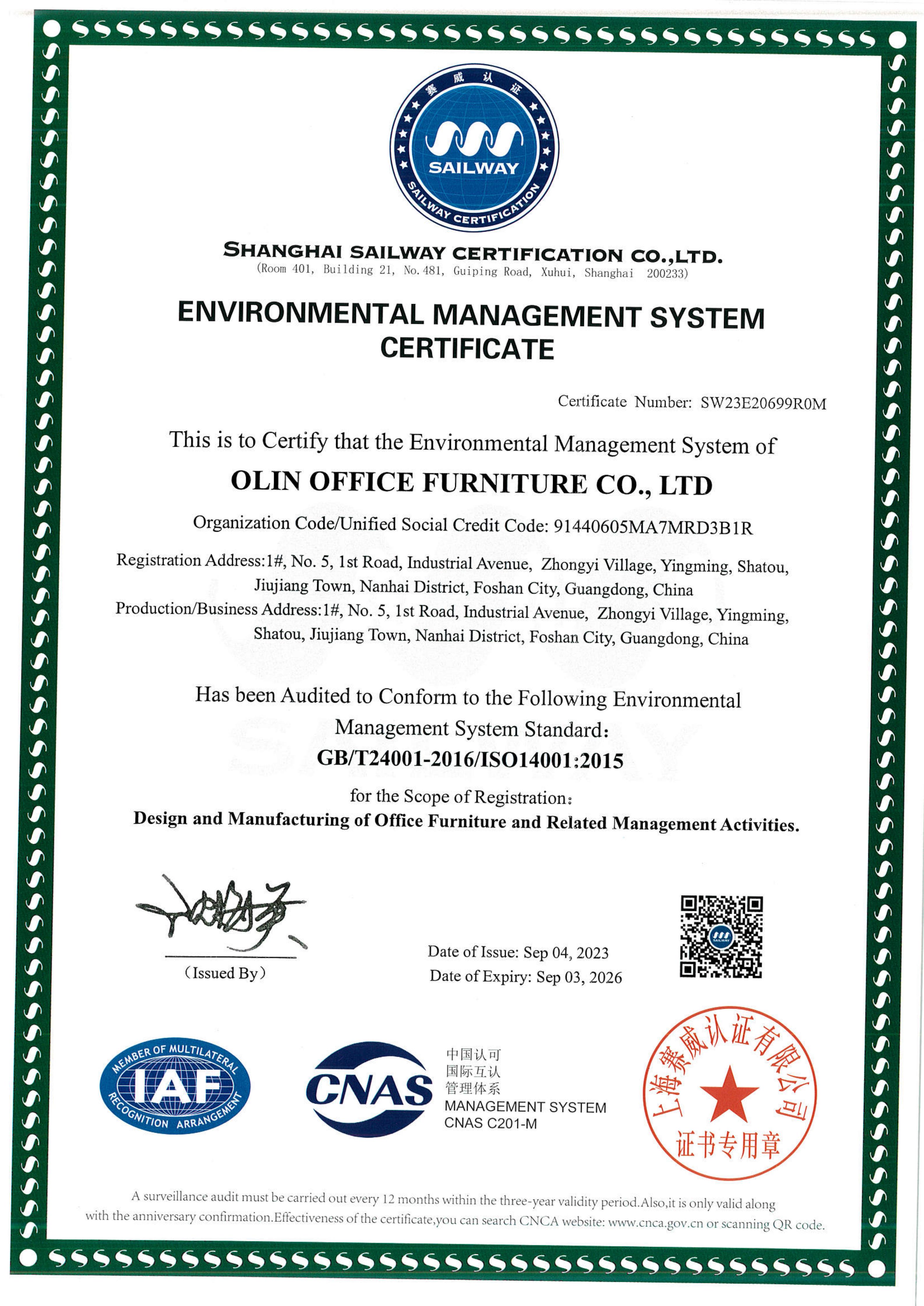 ISO 14001:2015 Environmental Management System Certificate