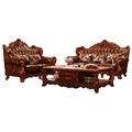 Vintage European Style Classic Solid Wood Teak Color Leather Sofa1
