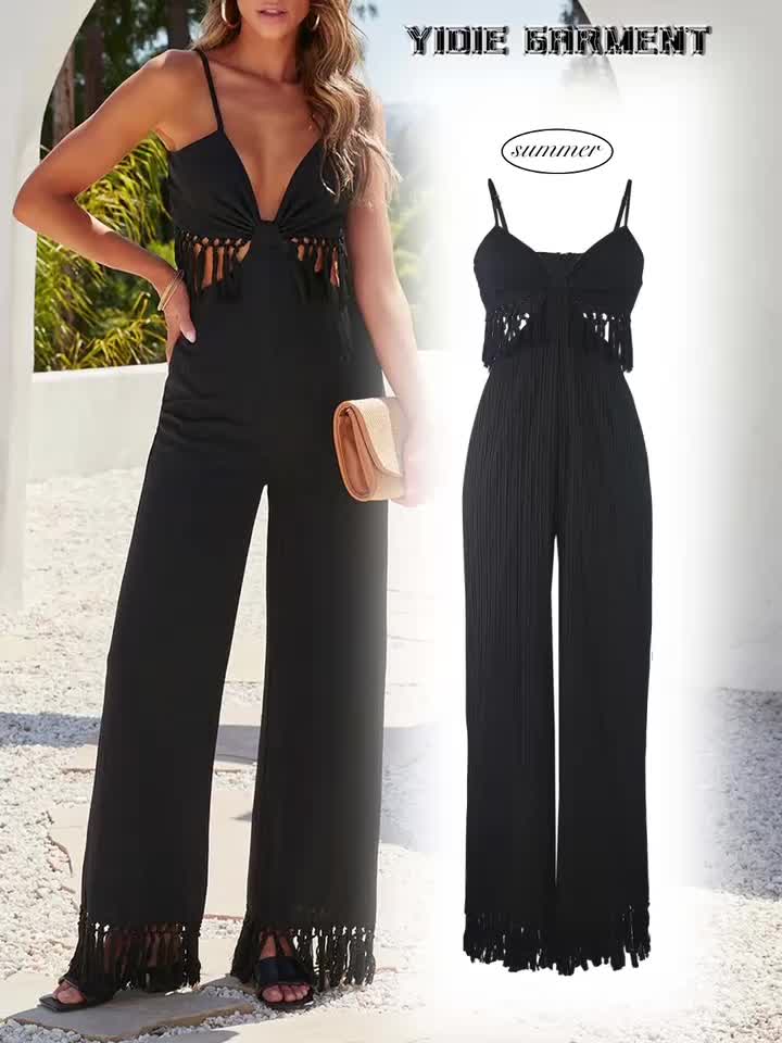 Black Tassel Fringes Open Back Wide Leg Jumpsuit