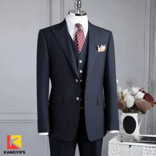 Terno formal elegante de três peças com riscas azul-marinho: roupa formal masculina versátil da KANGYIFS