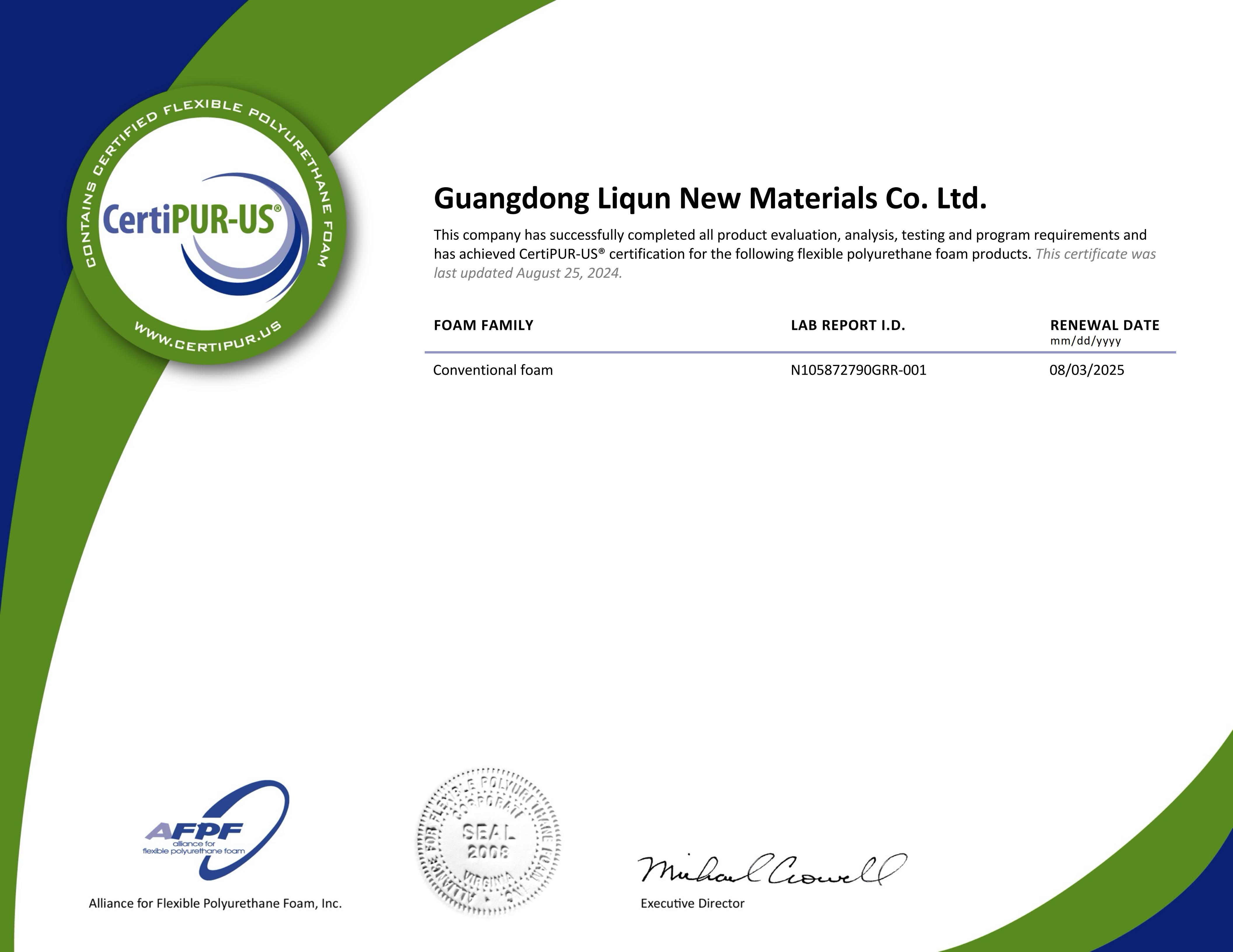 CertiPUR-US（Conventional foam）