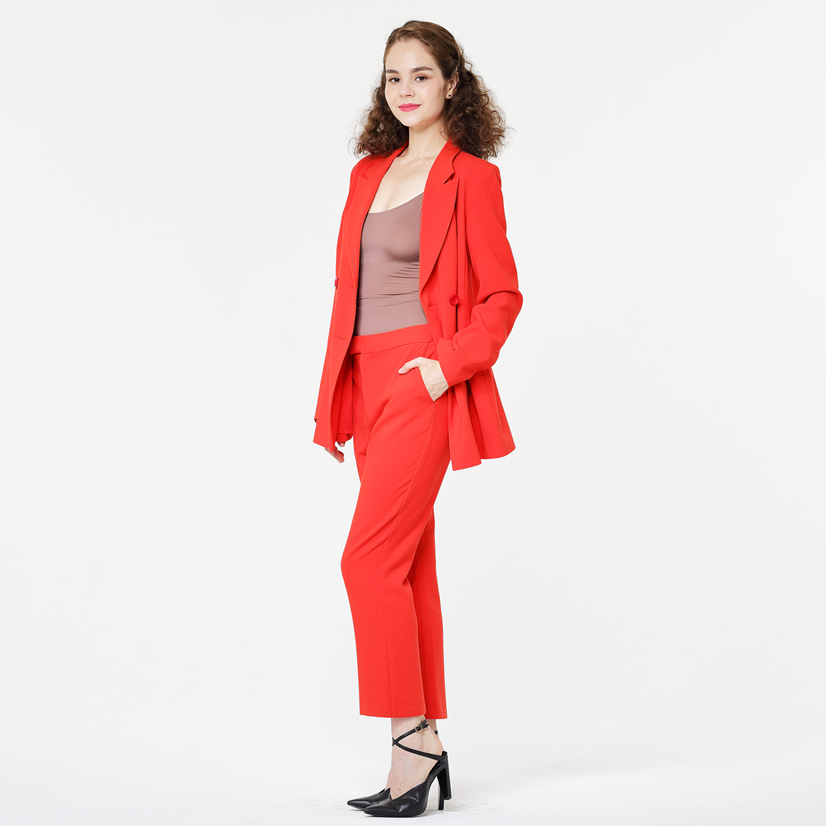 Fashion Red Double Breasted Women Office Blazer