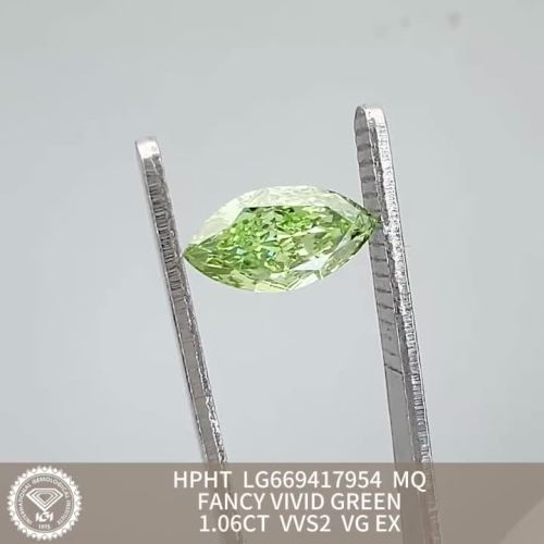 Fancy Vived အစိမ်းရောင်ဓာတ်ခွဲခန်းစိန် marqonise ဖြတ် HPHT 1.06CT vvs2