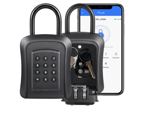 Che cos'è una scatola di archiviazione TTLOCT a parete TTLOCK con un blocco passcode e una copertura protettiva?