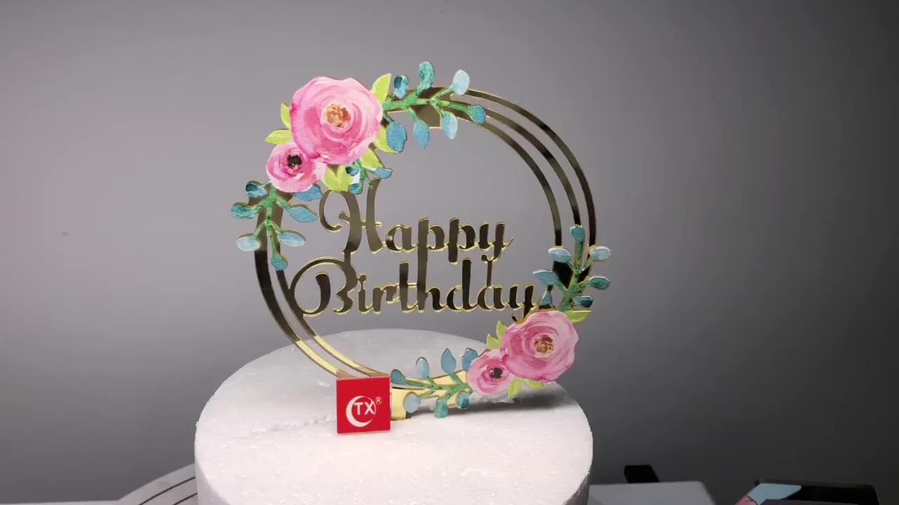 Fournitures de fête Couleur or acrylique joyeux anniversaire gâteau topper 13x14cm taille de conception personnalisée gâteau topper1
