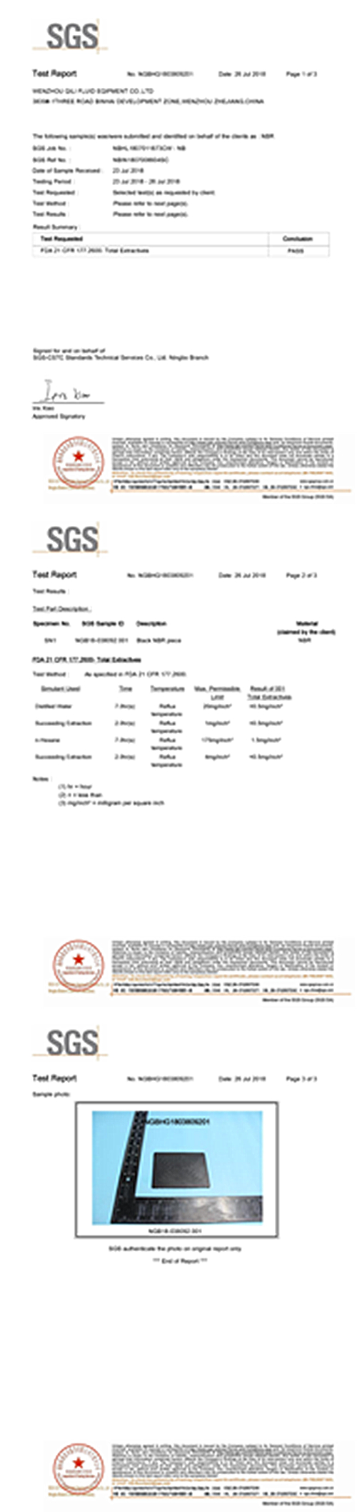 3A Certificate For Gaskets Of NBR