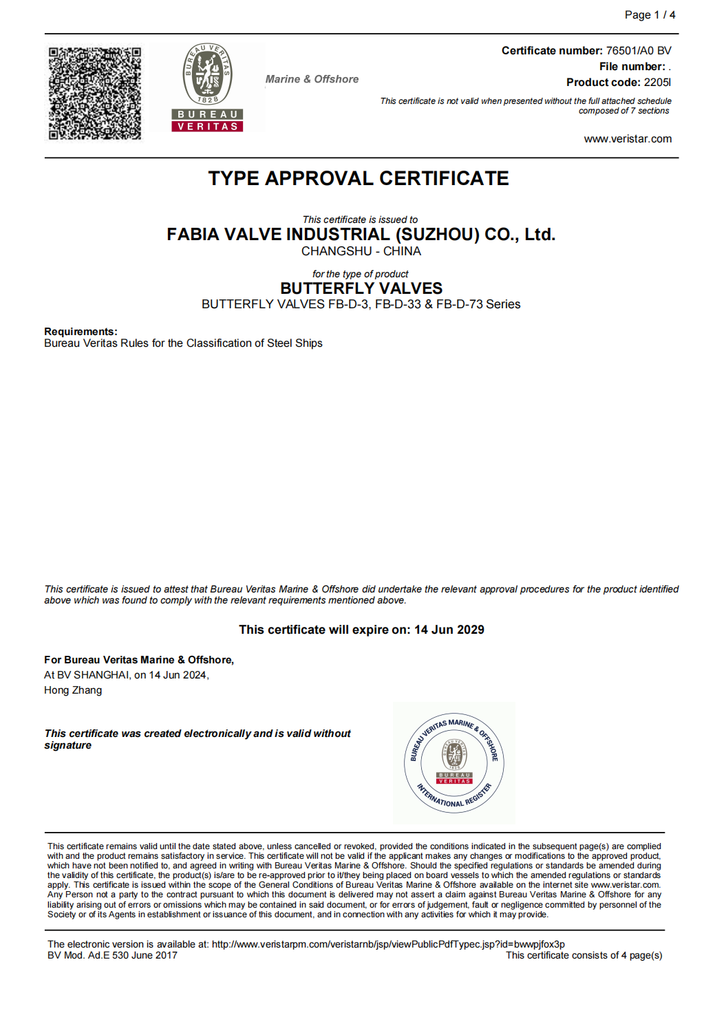 BUREAU VERITAS TYPE APPROVAL CERTIFICATE