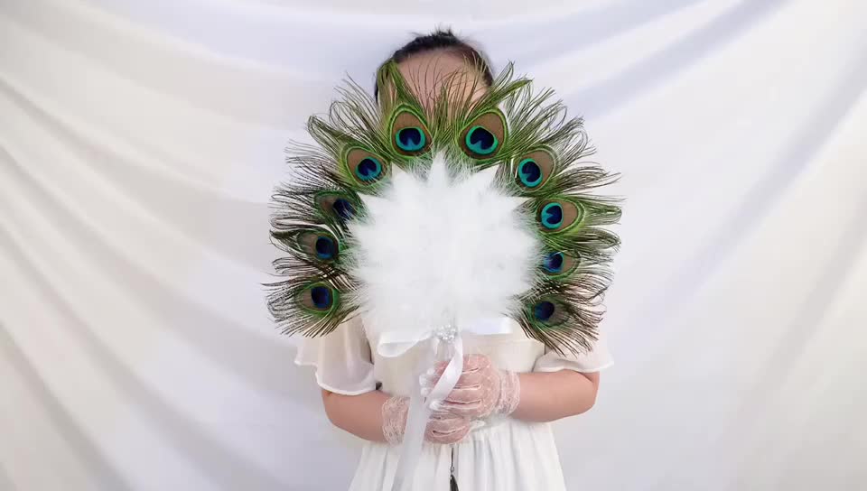 Vintage 1920s Wedding Gatsby Crystal Bridesmaid Bouquet Peacock Feather And White Marabou Feather Fans1