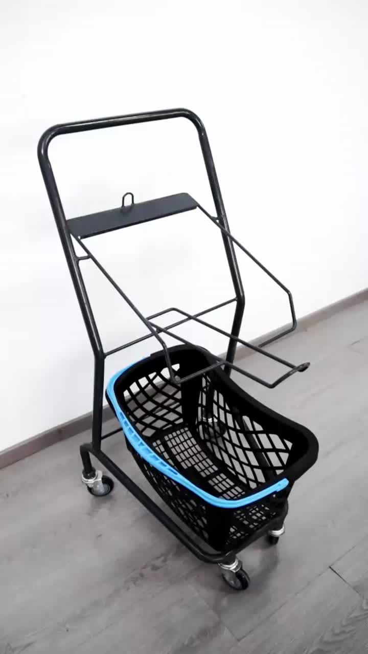 Steel Mesh Supermarket Cart with Dual Shelves