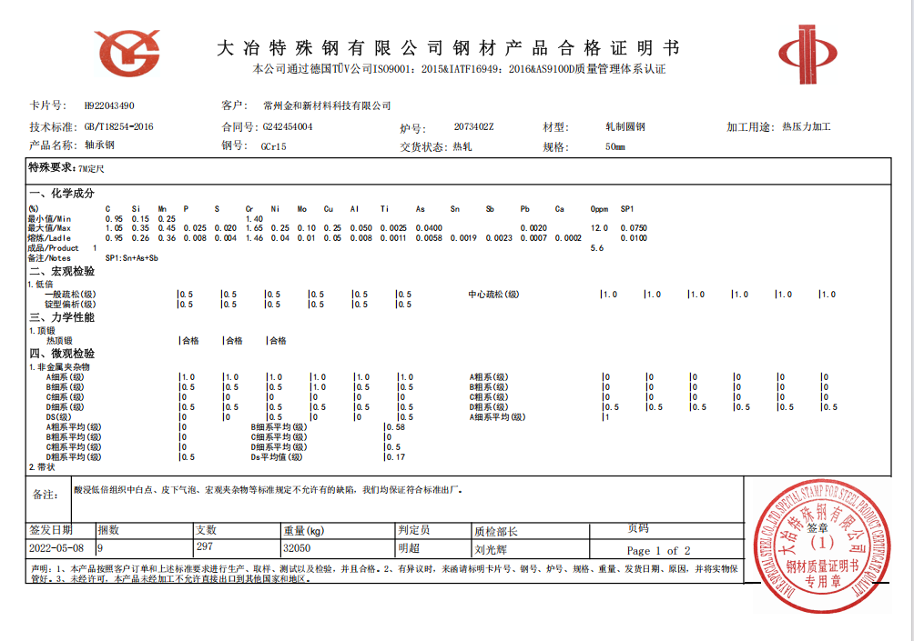 Certificate of Conformity for Steel Products of Daye Special Steel Co., Ltd