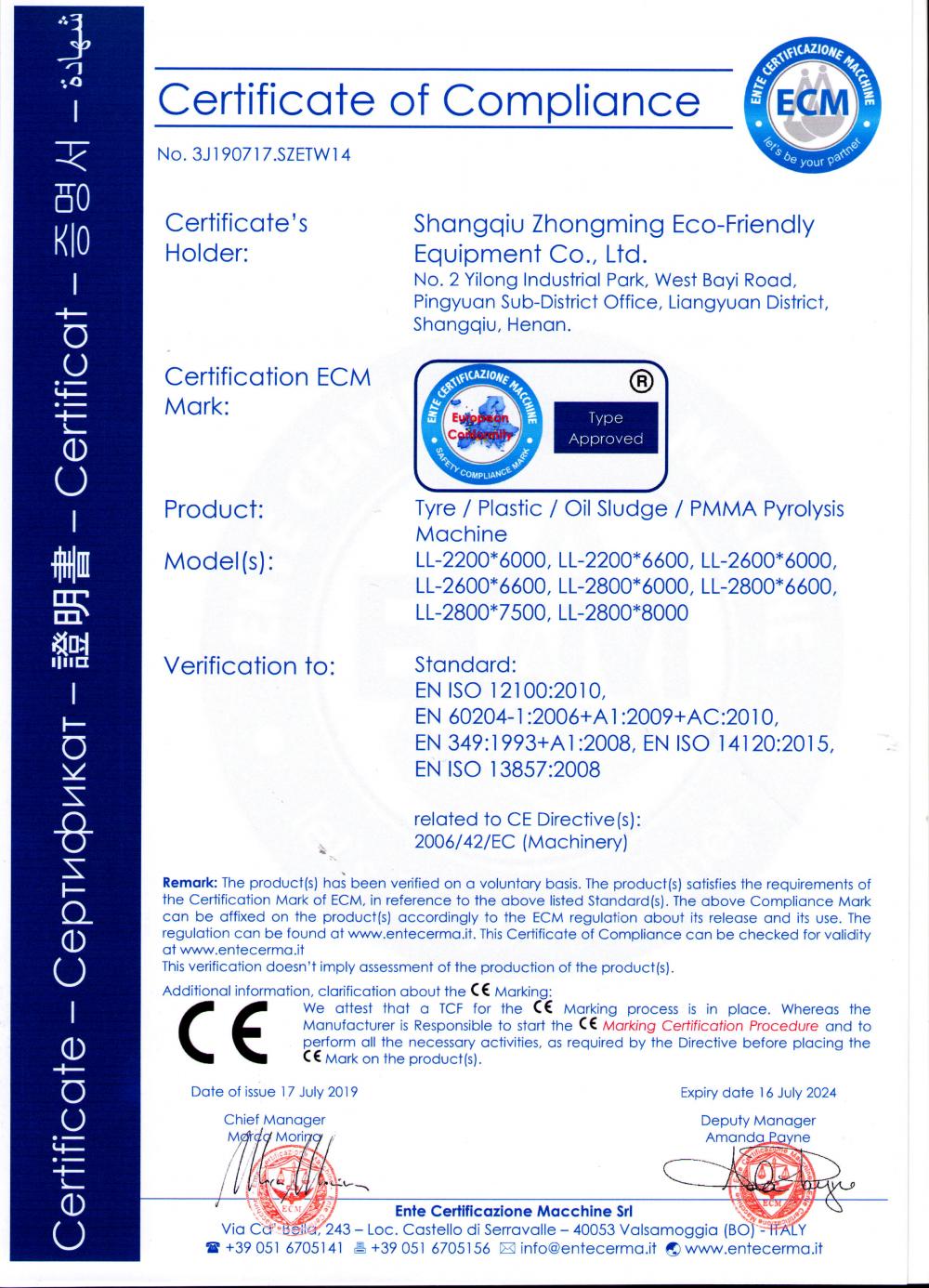 CE certification for Waste Pyrolysis machine