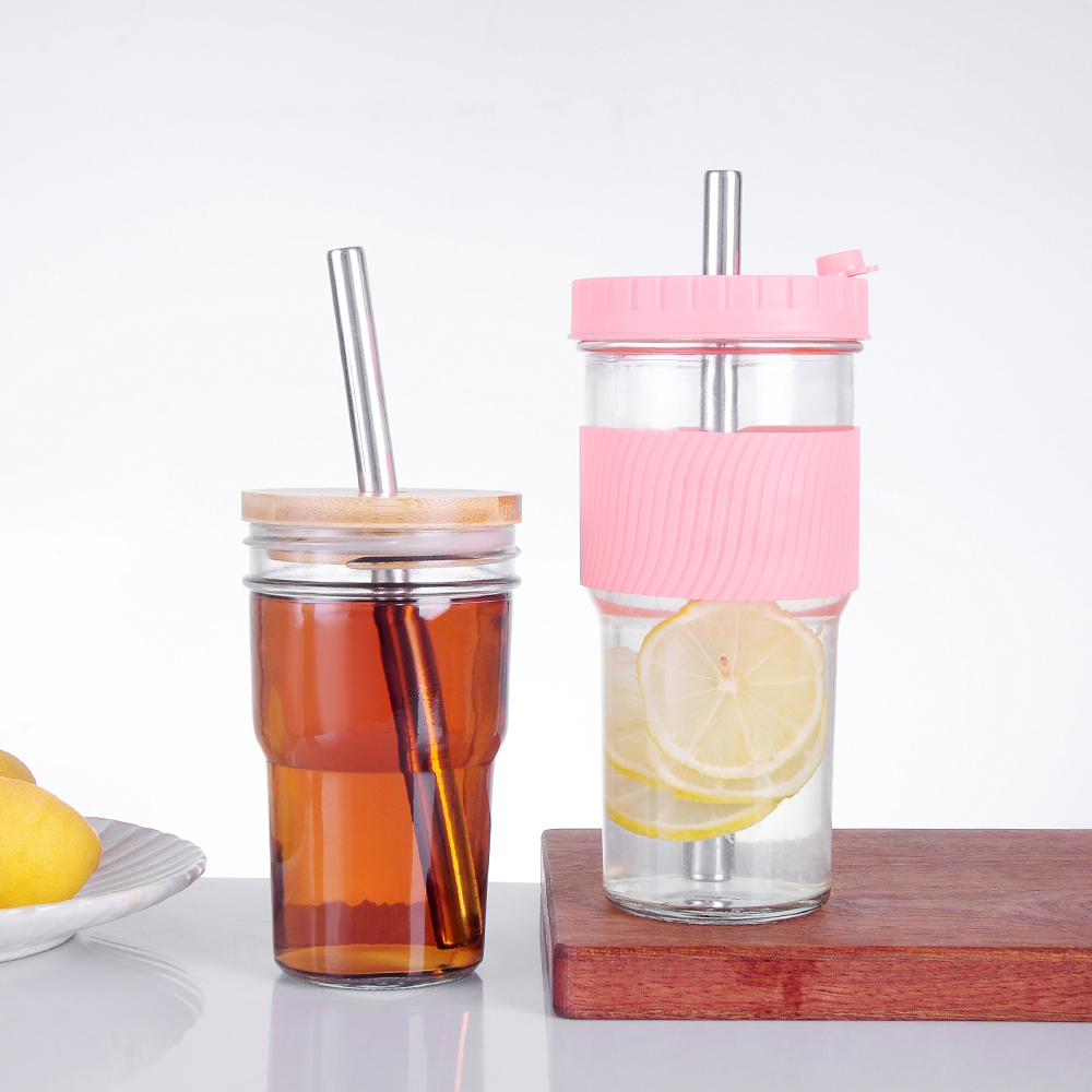 Glass Cups With Bamboo Lids And Straws
