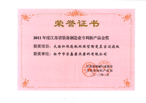 Jiangsu equipment manufacturing industry patent new product Gold Award