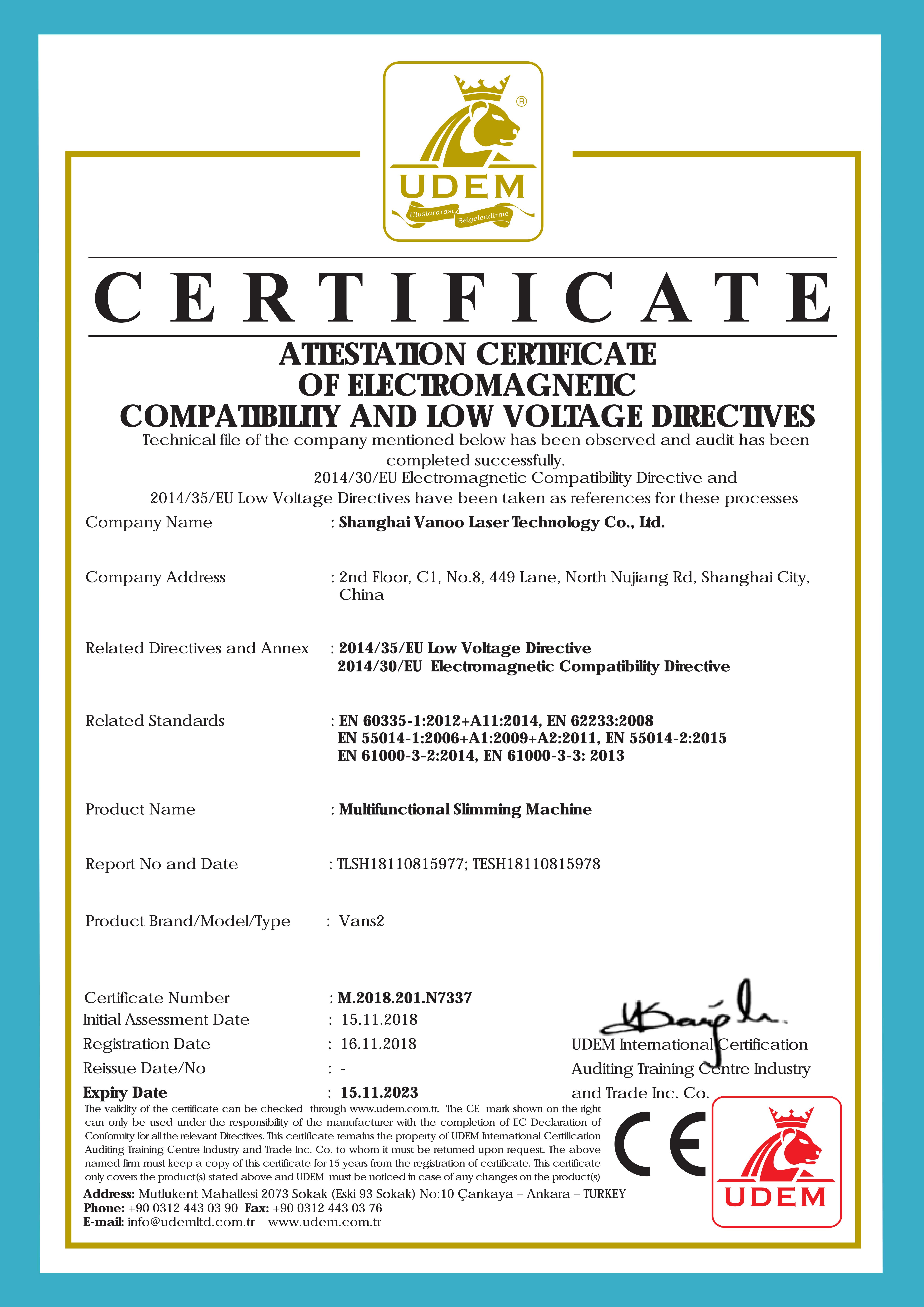 ATTESTATION CERTIFICATE OF ELECTROMAGNETIC COMPATIBILITY AND LOW VOLTAGE DIRECTIVES