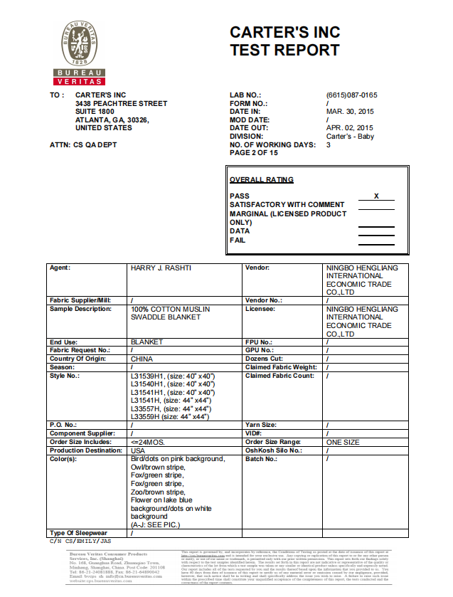 Cater`s Inc from BV Test Report