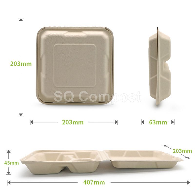 Bagasse Tableware Clamshell Boxes with 3-Compartment