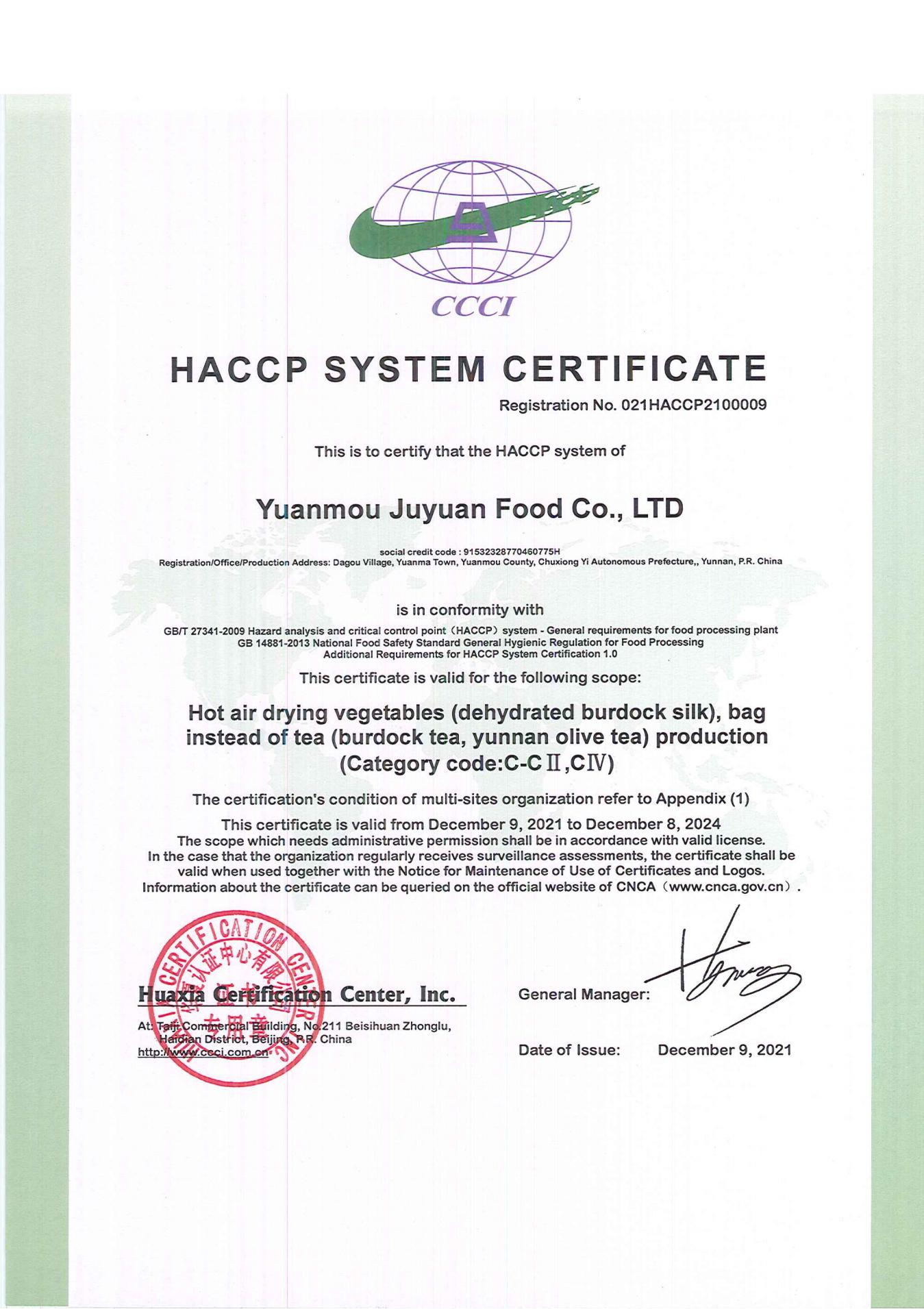 HACCP Hazard Analysis and Critical Control Point Certification Certificate_1