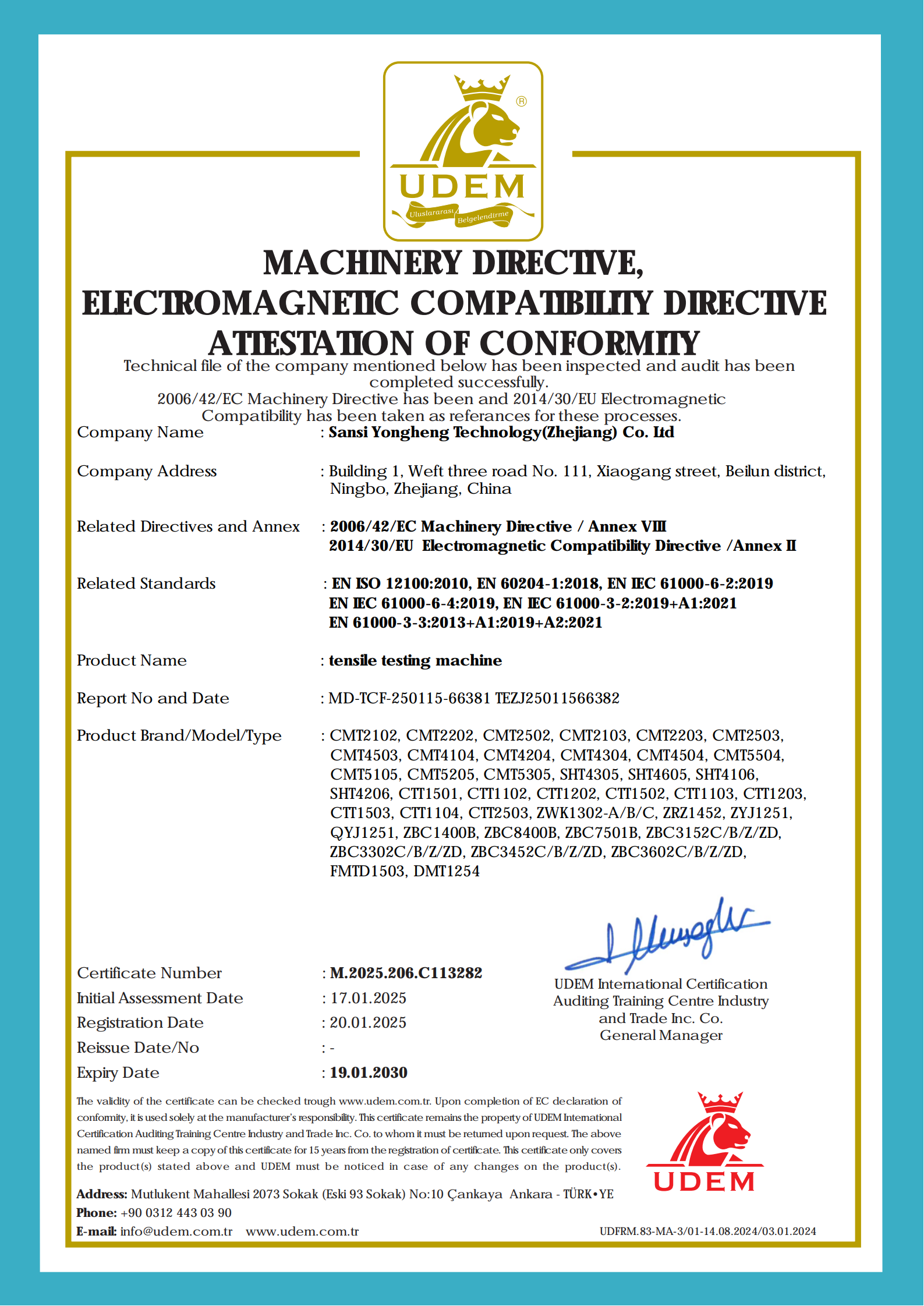 MACHINERY DIRECTIVE, ELECTROMAGNETIC COMPATIBILITY DIRECTIVE ATTESTATION OF CONFORMITY