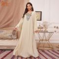 لوگوی سفارشی زنانه ماکسی زنانه بلند یقه V و آستین بلند گلدوزی رنگ ثابت برای لباس ماکسی گشاد دختر موسلین