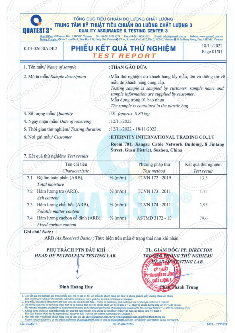  QUATEST3 Test Report of Coconut Shell Charcoal