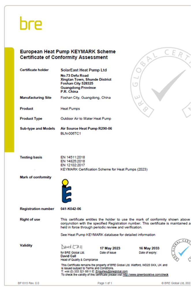 European Heat Pump KEYMARK Scheme Certificate of Conformity Assessment